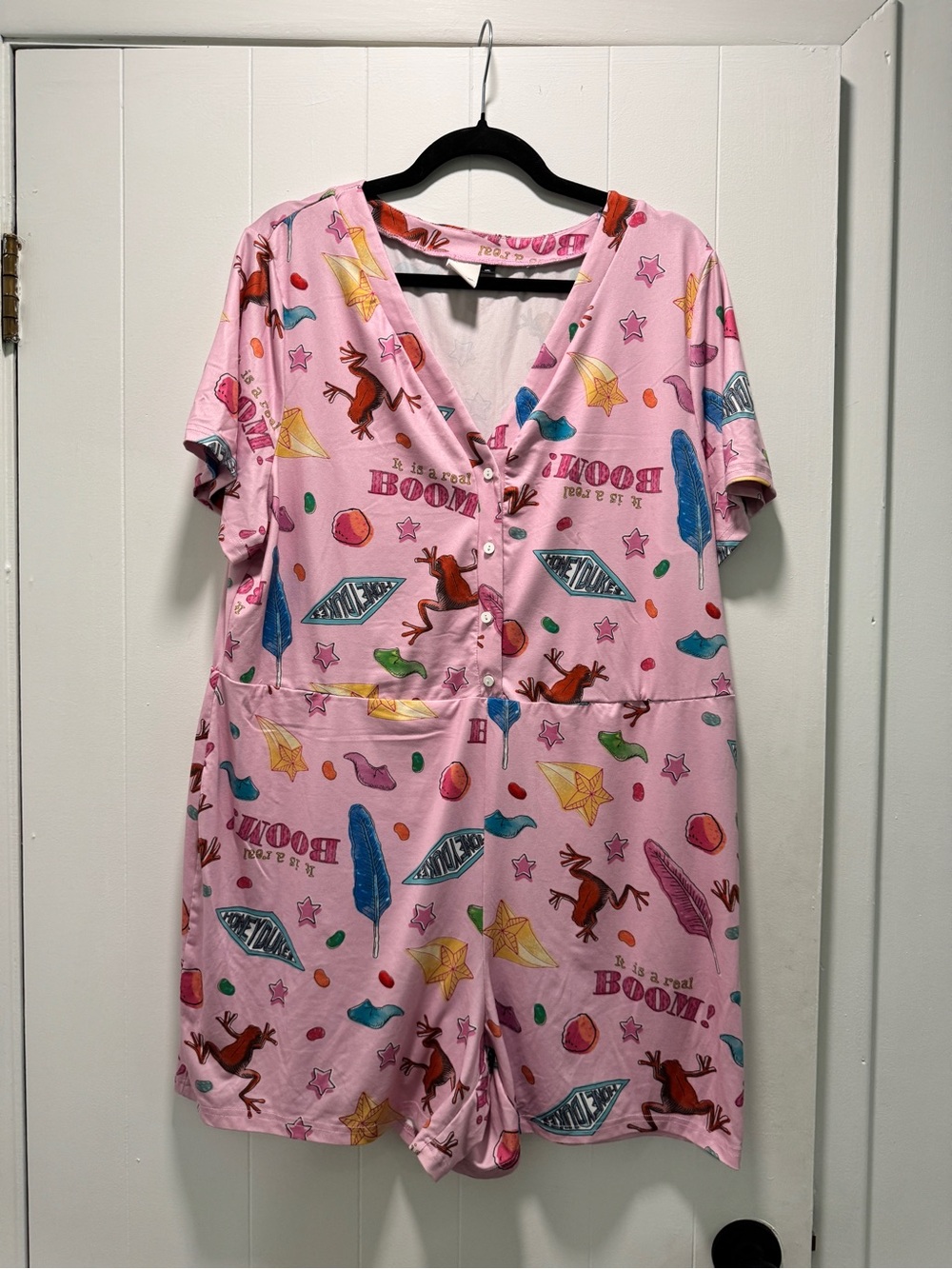 Women’s Pink Short-Sleeve Harry Potter Printed Pajama Romper.